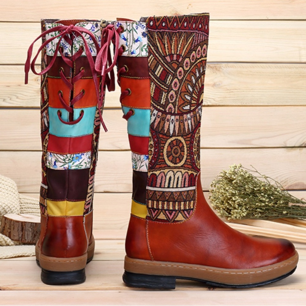 Socofy Boho Embroidery - Shoe Splicing Pattern Knee Boots Women’s Size 7 (38)